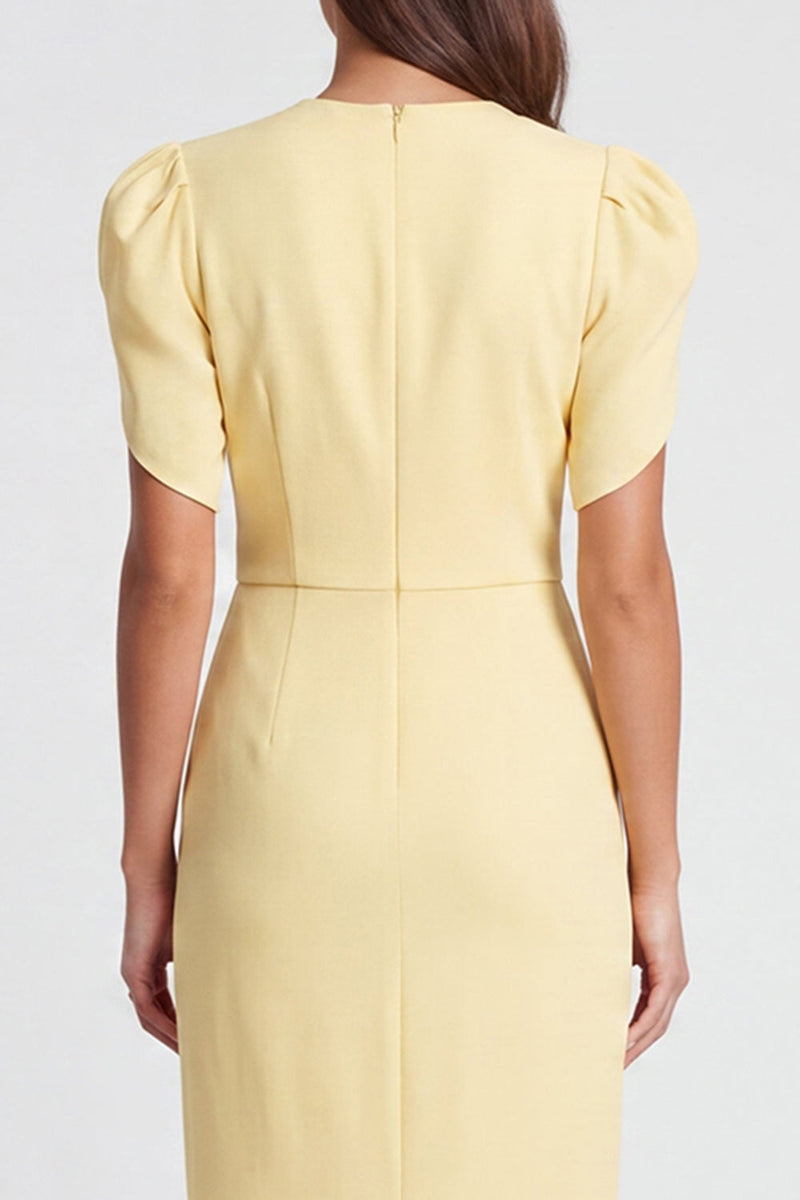 Load image into Gallery viewer, Ruched Light Yellow V-Neck Pencil Long Work Dress