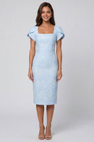 Load image into Gallery viewer, Sky Blue Jacquard Square Neck Midi Work Dress with Back Slit