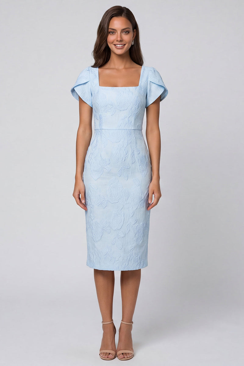 Load image into Gallery viewer, Sky Blue Jacquard Square Neck Midi Work Dress with Back Slit
