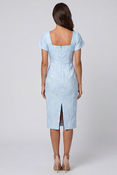 Sky Blue Jacquard Square Neck Midi Work Dress with Back Slit