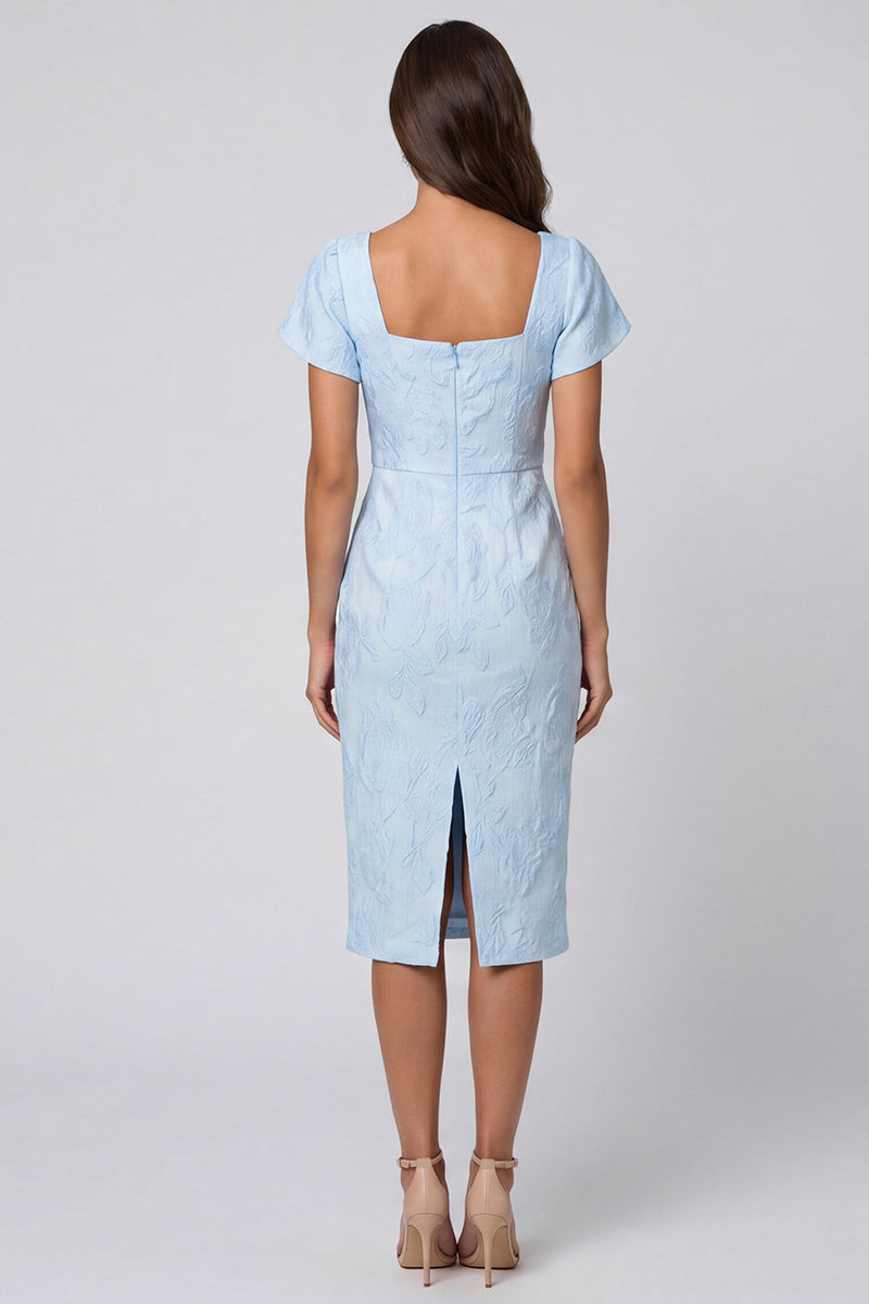Load image into Gallery viewer, Sky Blue Jacquard Square Neck Midi Work Dress with Back Slit