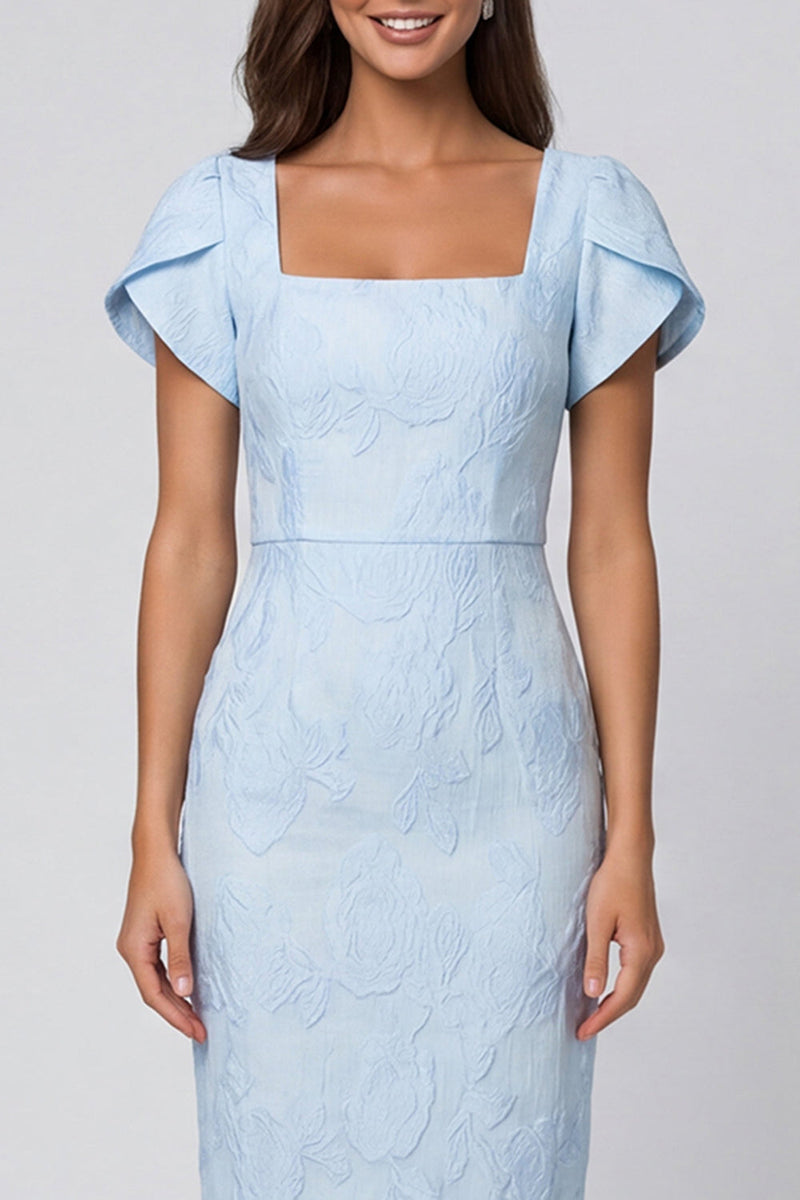Load image into Gallery viewer, Sky Blue Jacquard Square Neck Midi Work Dress with Back Slit