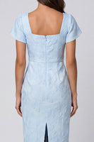 Load image into Gallery viewer, Sky Blue Jacquard Square Neck Midi Work Dress with Back Slit