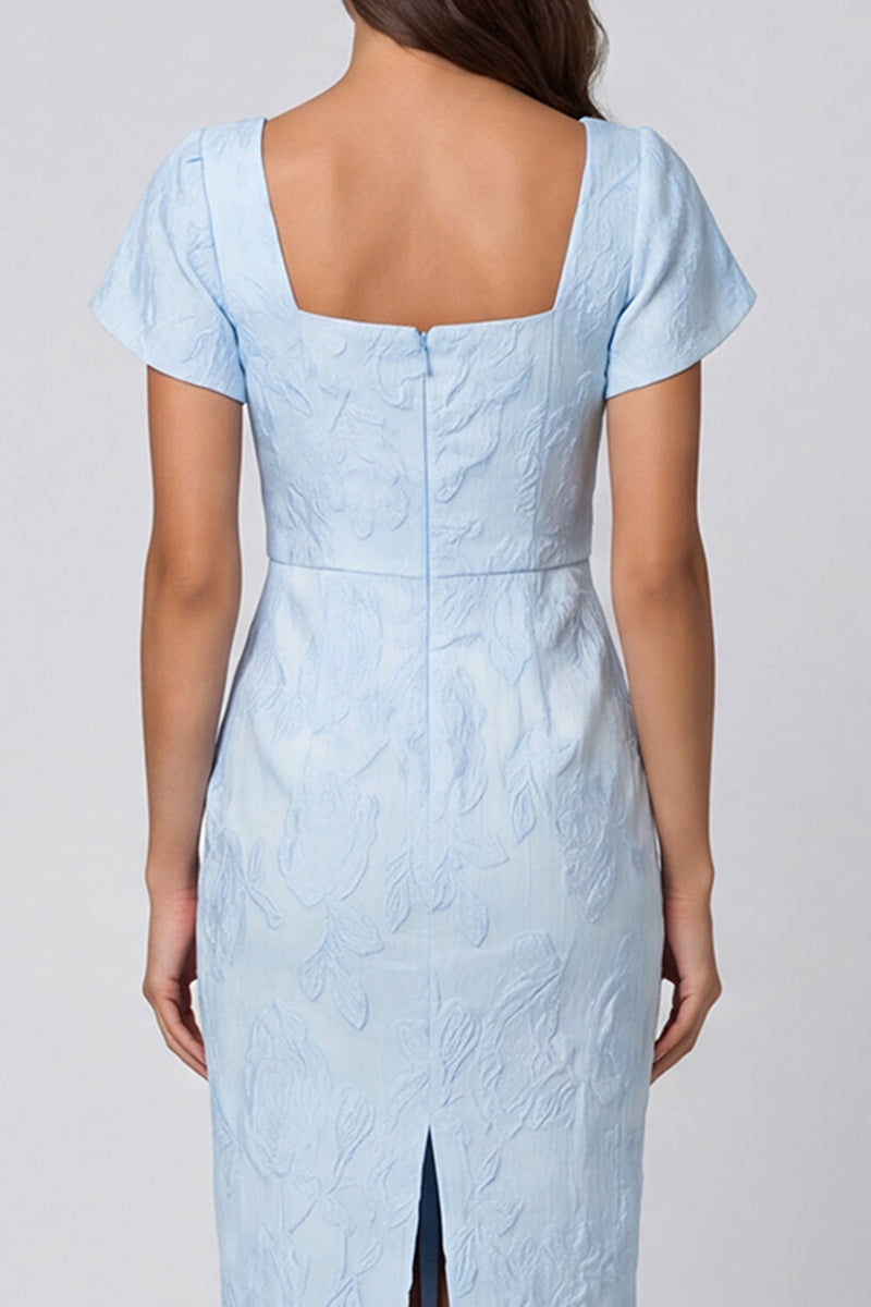 Load image into Gallery viewer, Sky Blue Jacquard Square Neck Midi Work Dress with Back Slit