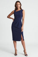 Load image into Gallery viewer, Navy Ruched Asymmetrical Neck Midi Work Dress with Slit