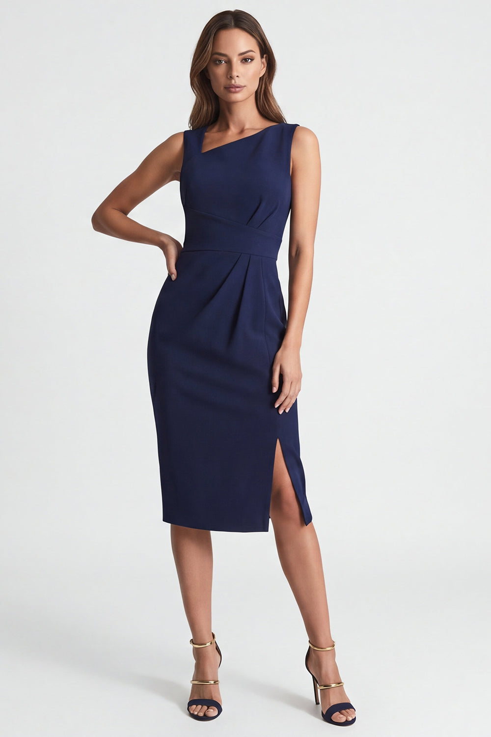 navy midi work dress Queendancer Women Navy Midi Work Dress with Slit Ruched Asymmetrical Neck Business  Dress – queendanceruk