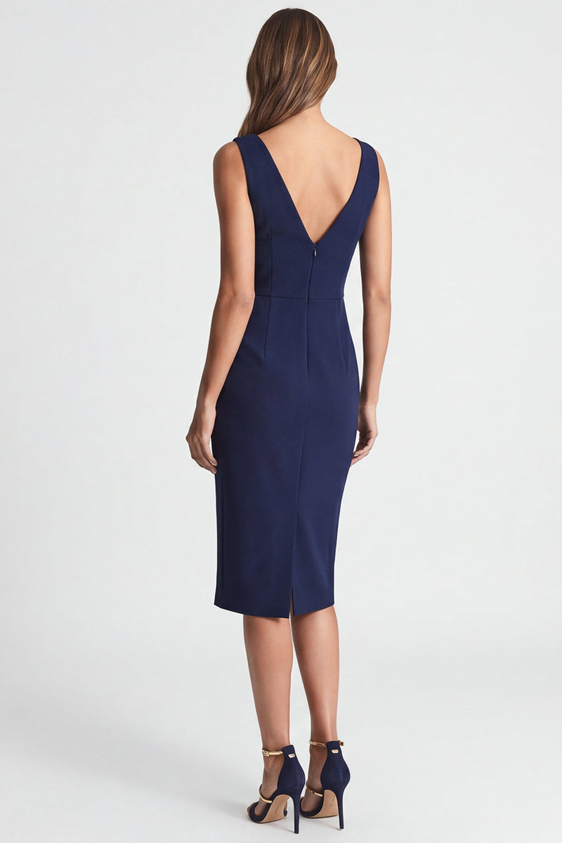 Load image into Gallery viewer, Navy Ruched Asymmetrical Neck Midi Work Dress with Slit