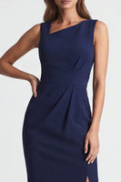 Load image into Gallery viewer, Navy Ruched Asymmetrical Neck Midi Work Dress with Slit