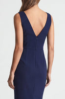 Load image into Gallery viewer, Navy Ruched Asymmetrical Neck Midi Work Dress with Slit