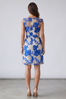 Blue Floral Square Neck Bodycon Short Work Dress
