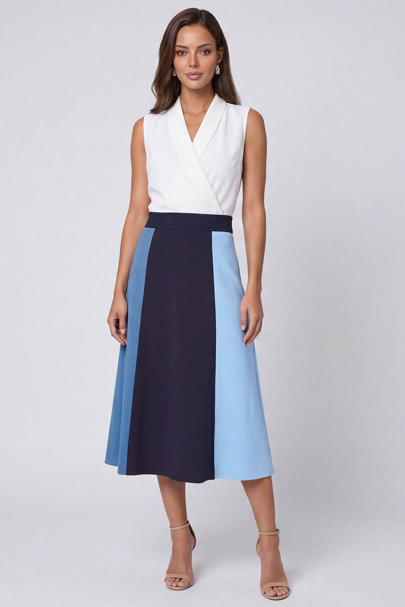 Load image into Gallery viewer, Ivory and Blue A Line Shawl Lapel Color Block Long Work Dress