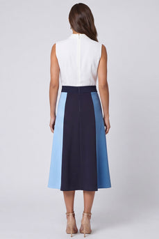 Ivory and Blue A Line Shawl Lapel Color Block Long Work Dress