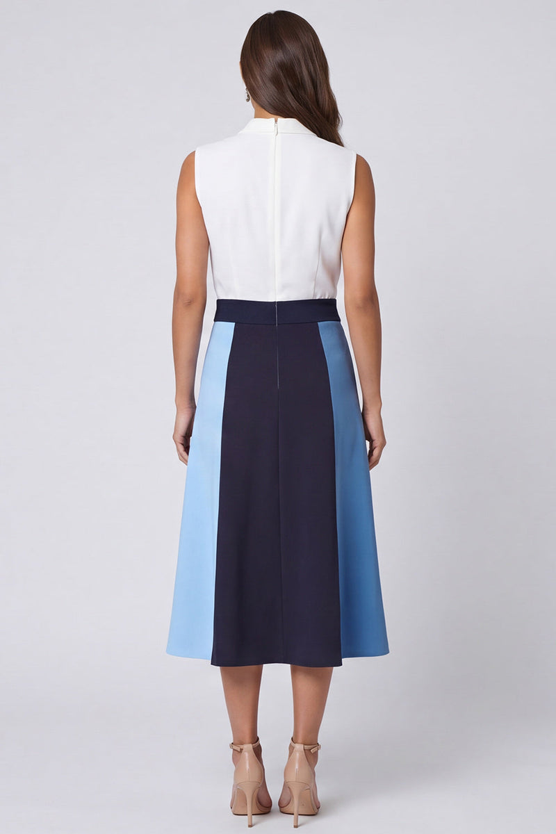 Load image into Gallery viewer, Ivory and Blue A Line Shawl Lapel Color Block Long Work Dress