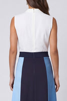 Load image into Gallery viewer, Ivory and Blue A Line Shawl Lapel Color Block Long Work Dress