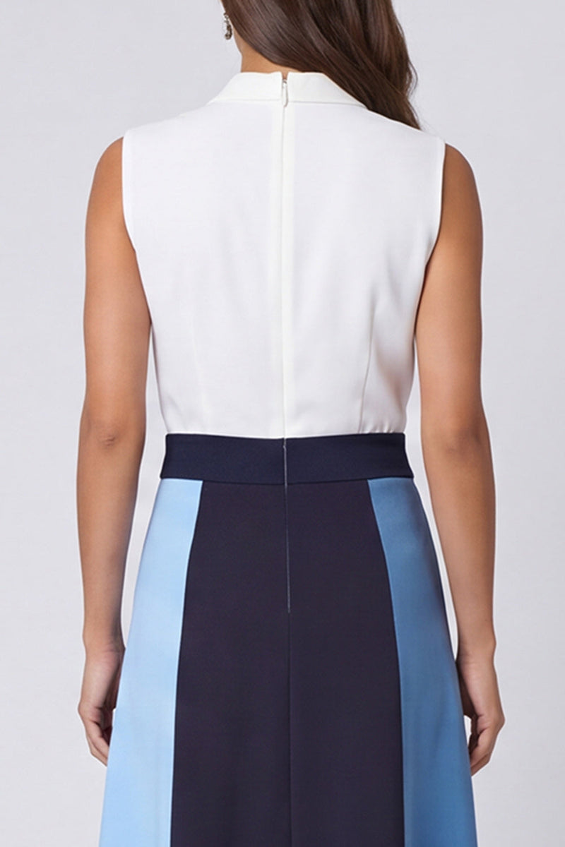 Load image into Gallery viewer, Ivory and Blue A Line Shawl Lapel Color Block Long Work Dress