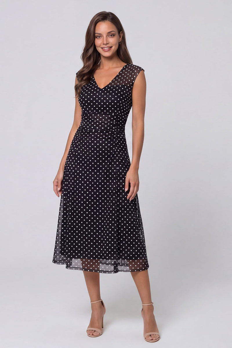Load image into Gallery viewer, V-Neck Black and White Polka Dots Long A Line Work Dress