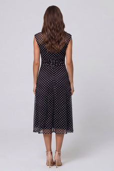 V-Neck Black and White Polka Dots Long A Line Work Dress