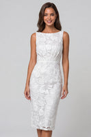 Load image into Gallery viewer, Ivory Boat Neck Floral Lace Pencil Ruched Midi Work Dress