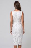 Load image into Gallery viewer, Ivory Boat Neck Floral Lace Pencil Ruched Midi Work Dress