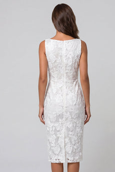 Ivory Boat Neck Floral Lace Pencil Ruched Midi Work Dress
