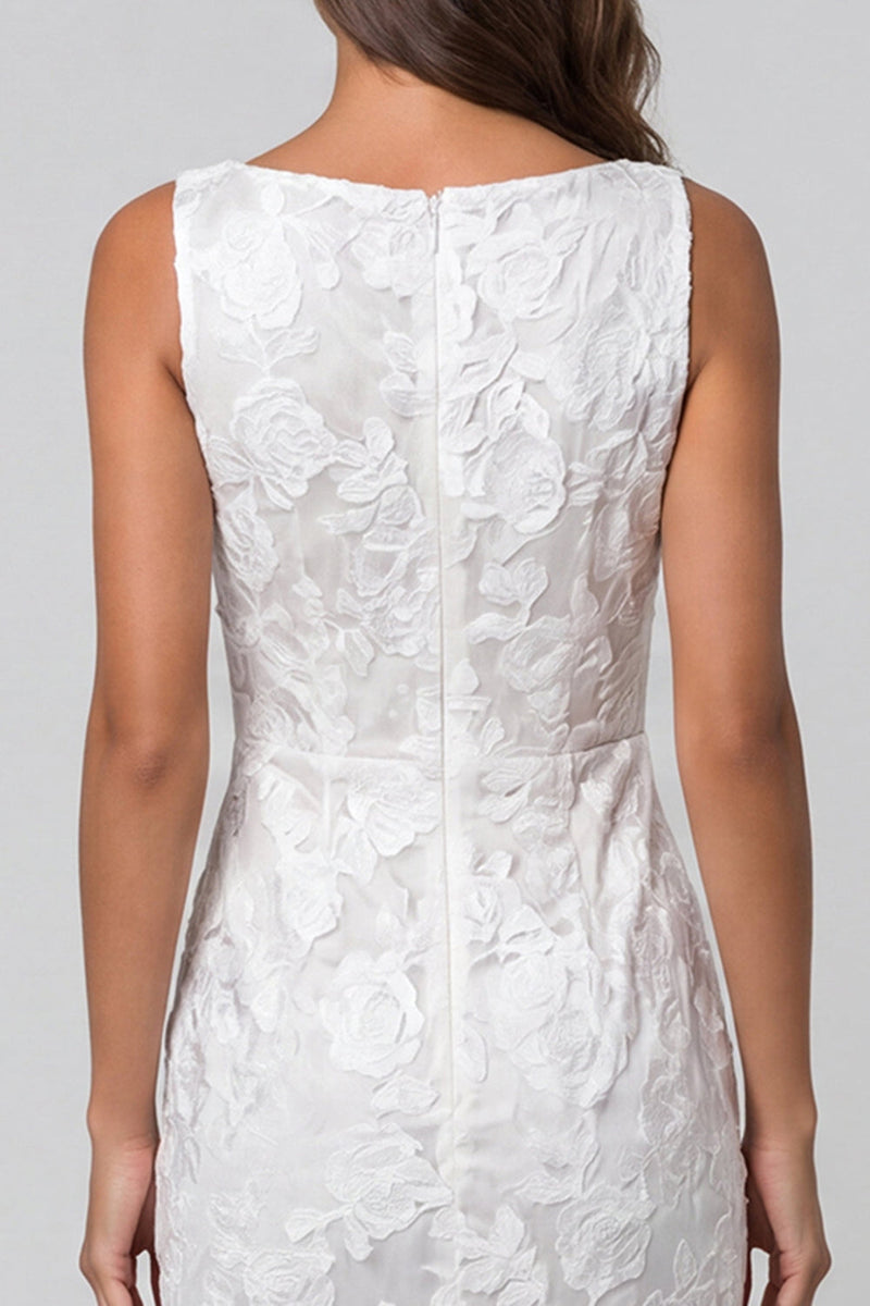 Load image into Gallery viewer, Ivory Boat Neck Floral Lace Pencil Ruched Midi Work Dress