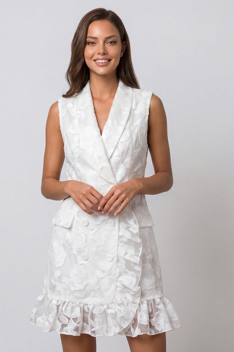Load image into Gallery viewer, Short Ivory Double Breasted Floral Shawl Lapel Work Dress with Ruffles