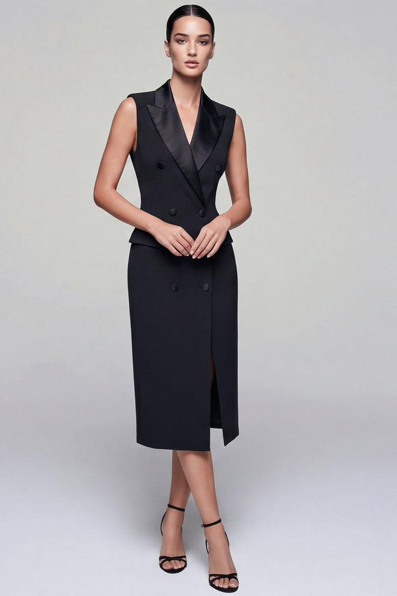 Load image into Gallery viewer, Black Double Breasted Peak Lapel Midi Work Dress with Slit