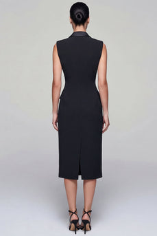 Black Double Breasted Peak Lapel Midi Work Dress with Slit