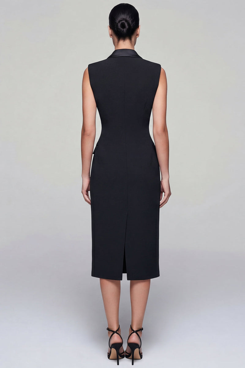 Load image into Gallery viewer, Black Double Breasted Peak Lapel Midi Work Dress with Slit