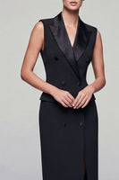 Load image into Gallery viewer, Black Double Breasted Peak Lapel Midi Work Dress with Slit