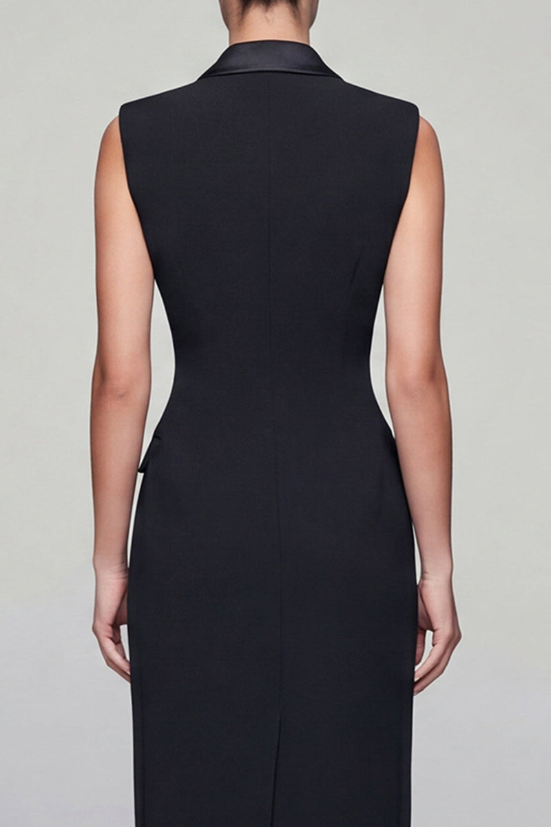Load image into Gallery viewer, Black Double Breasted Peak Lapel Midi Work Dress with Slit