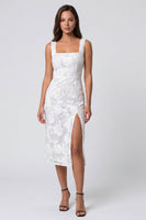 Load image into Gallery viewer, Ivory Lace Square Neck Floral Pencil Midi Work Dress with Slit