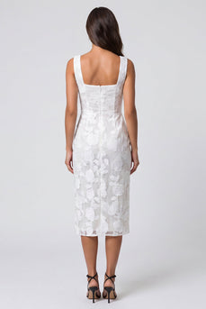 Ivory Lace Square Neck Floral Pencil Midi Work Dress with Slit