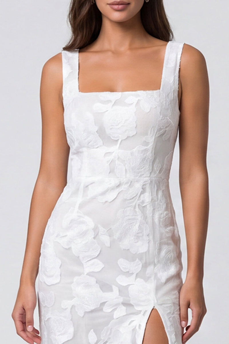 Load image into Gallery viewer, Ivory Lace Square Neck Floral Pencil Midi Work Dress with Slit