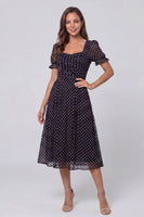 Load image into Gallery viewer, Short Sleeves Black and White Polka Dots Long A Line Work Dress