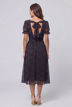 Short Sleeves Black and White Polka Dots Long A Line Work Dress