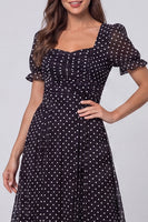 Load image into Gallery viewer, Short Sleeves Black and White Polka Dots Long A Line Work Dress