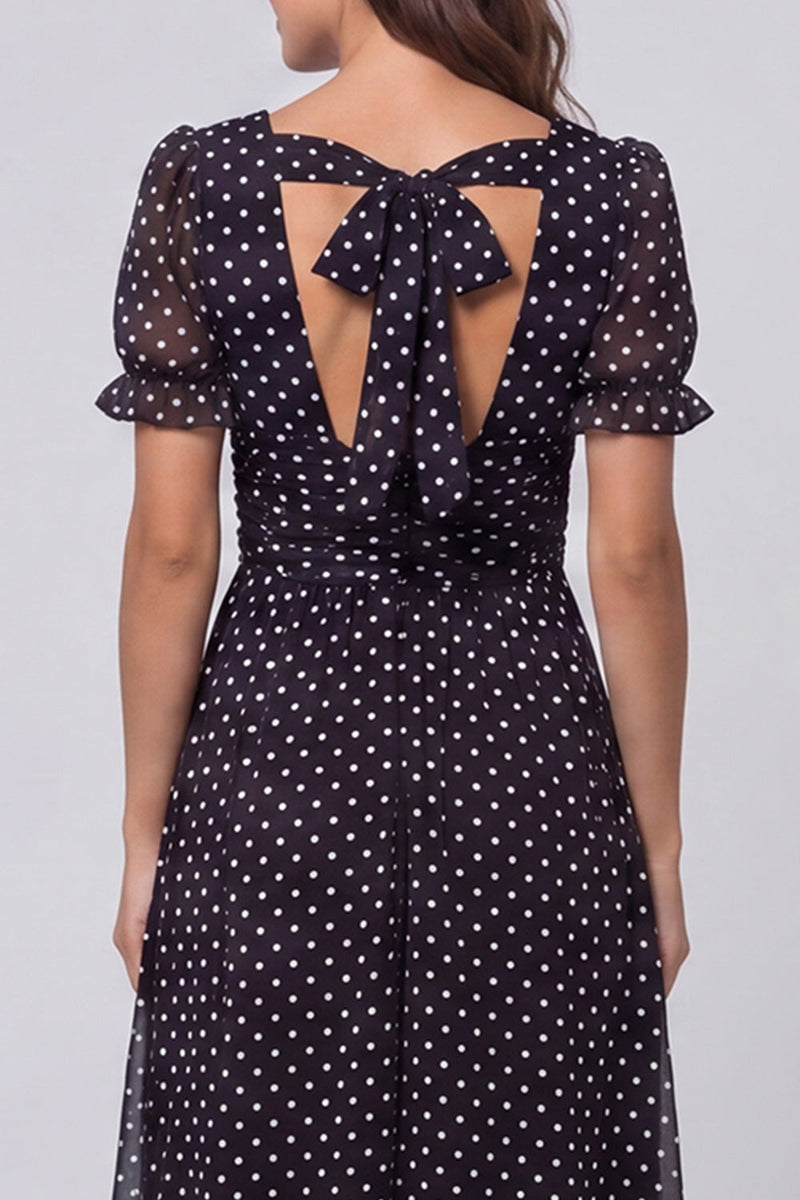 Load image into Gallery viewer, Short Sleeves Black and White Polka Dots Long A Line Work Dress