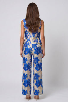 Blue 2 Piece Floral Shawl Lapel Single Breasted Business Suits