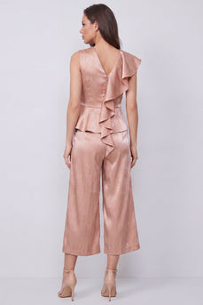 Dusty Rose V-Neck 2 Piece Wide Leg Business Suits with Ruffles