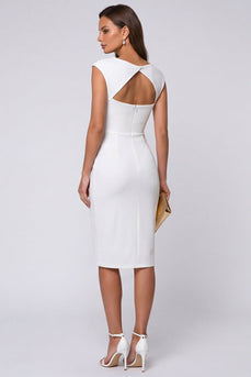Ivory Boat Neck Pencil Ruched Midi Cap Sleeves Work Dress