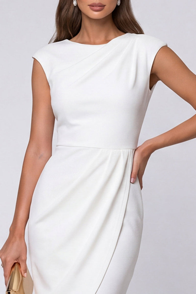 Load image into Gallery viewer, Ivory Boat Neck Pencil Ruched Midi Cap Sleeves Work Dress