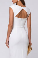 Load image into Gallery viewer, Ivory Boat Neck Pencil Ruched Midi Cap Sleeves Work Dress