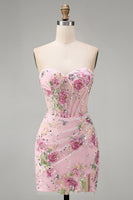Load image into Gallery viewer, Floral Corset Tight Short Sparkly Ruched Pink Beaded Prom Dress with Slit