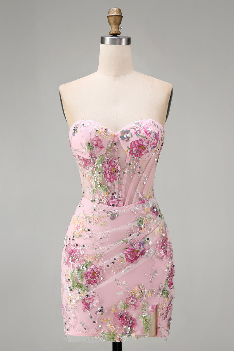 Load image into Gallery viewer, Floral Corset Tight Short Sparkly Ruched Pink Beaded Prom Dress with Slit