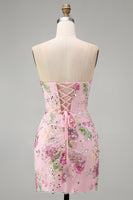 Load image into Gallery viewer, Floral Corset Tight Short Sparkly Ruched Pink Beaded Prom Dress with Slit