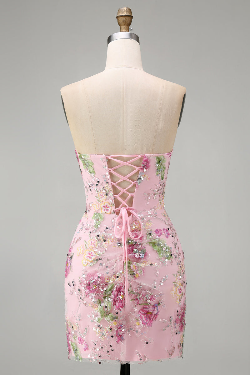 Load image into Gallery viewer, Floral Corset Tight Short Sparkly Ruched Pink Beaded Prom Dress with Slit