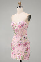 Load image into Gallery viewer, Floral Corset Tight Short Sparkly Ruched Pink Beaded Prom Dress with Slit