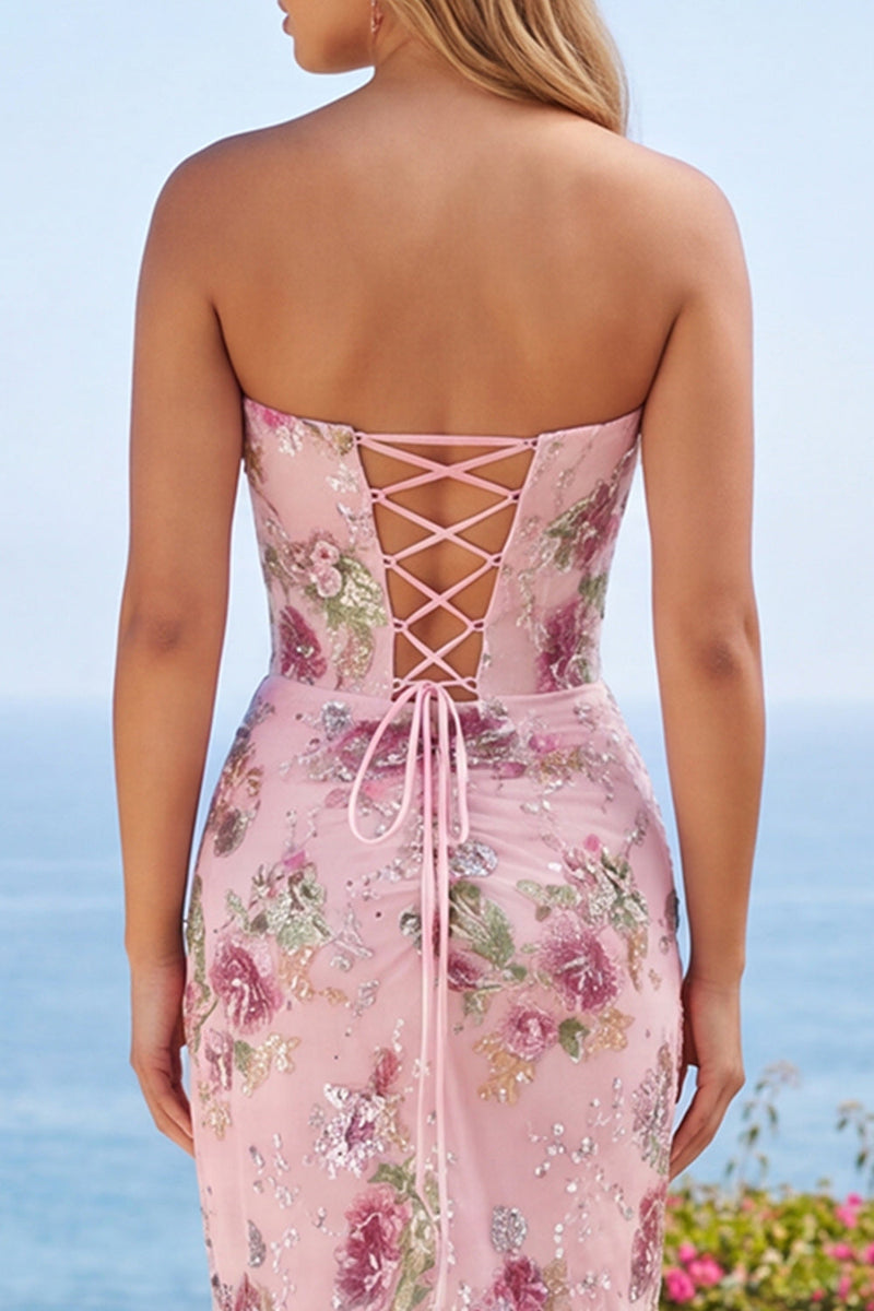 Load image into Gallery viewer, Floral Corset Tight Short Sparkly Ruched Pink Beaded Prom Dress with Slit