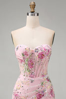 Load image into Gallery viewer, Floral Corset Tight Short Sparkly Ruched Pink Beaded Prom Dress with Slit